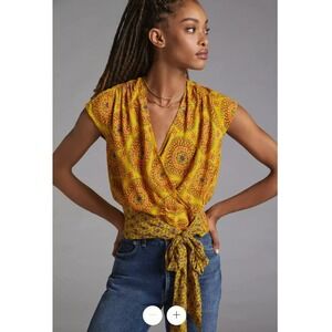 Maeve Anthropologie Marzia‎ Wrap Blouse Top Medallion Print Gold Yellow